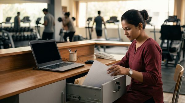A gym receptionist files a member's admission form into a locked drawer at the front desk