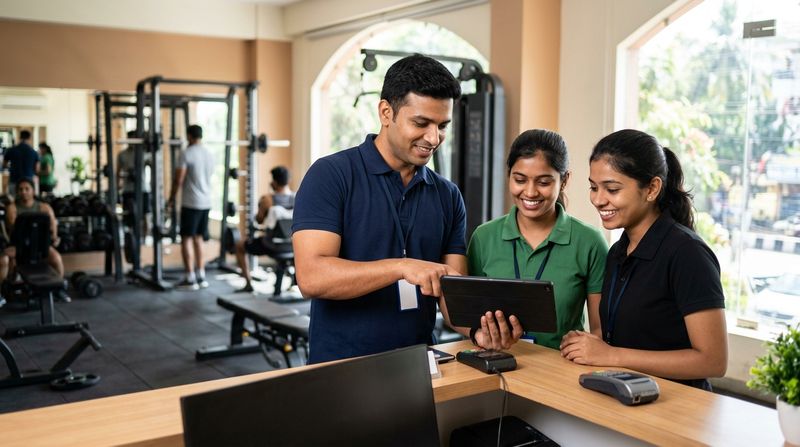 A gym manager trains two front-desk staff on a tablet at the reception counter