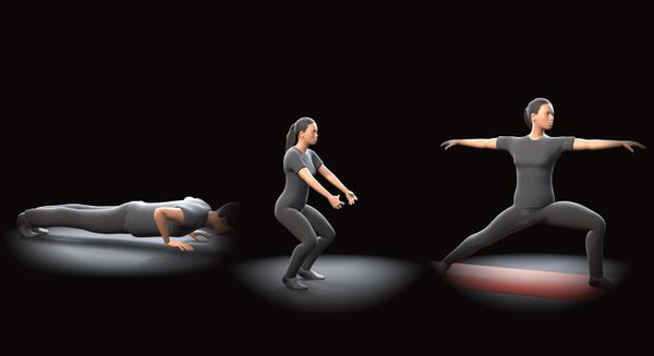 Three 3D exercise demonstrations from the Trainaq Exercise Video Library: a push-up, a bodyweight squat and the Warrior II yoga pose
