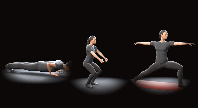 Three 3D exercise demonstrations from the Trainaq Exercise Video Library: a push-up, a bodyweight squat and the Warrior II yoga pose
